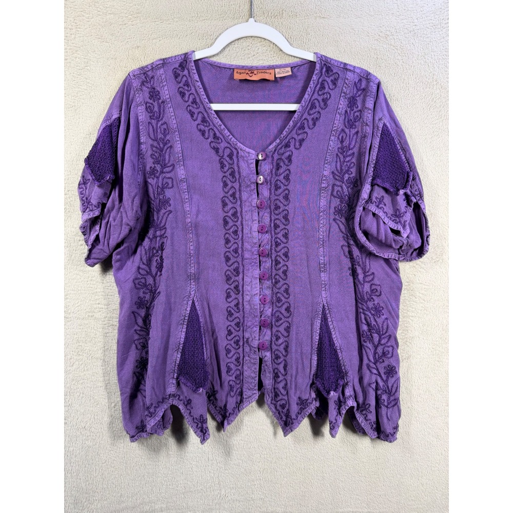 Agan Traders Blouse Womens XL/1X Purple Boho Embroidered Handkerchief Hem Top